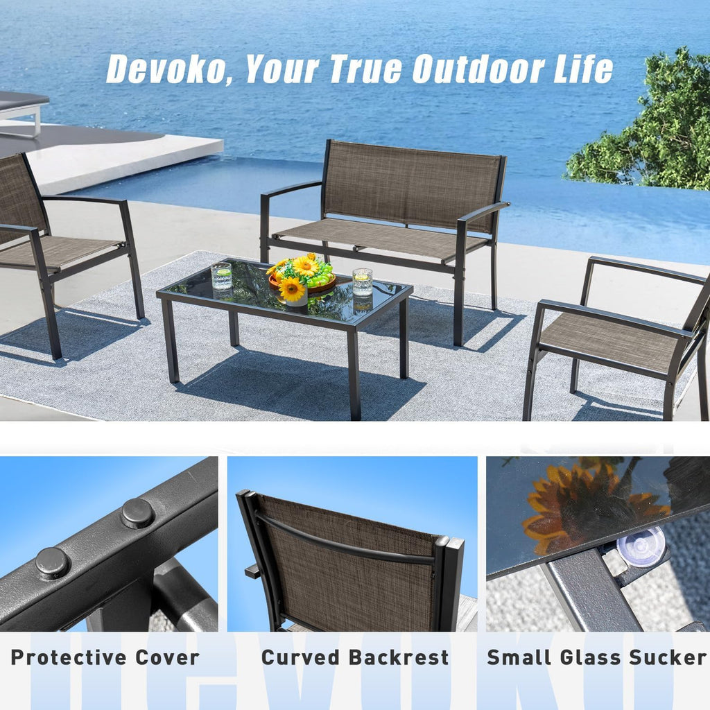 Devoko 4 Pieces Patio Furniture Set Outdoor Garden Patio Conversation Sets Poolside Lawn Chairs with Glass Coffee Table Porch Furniture (Black) - Grand Goldman