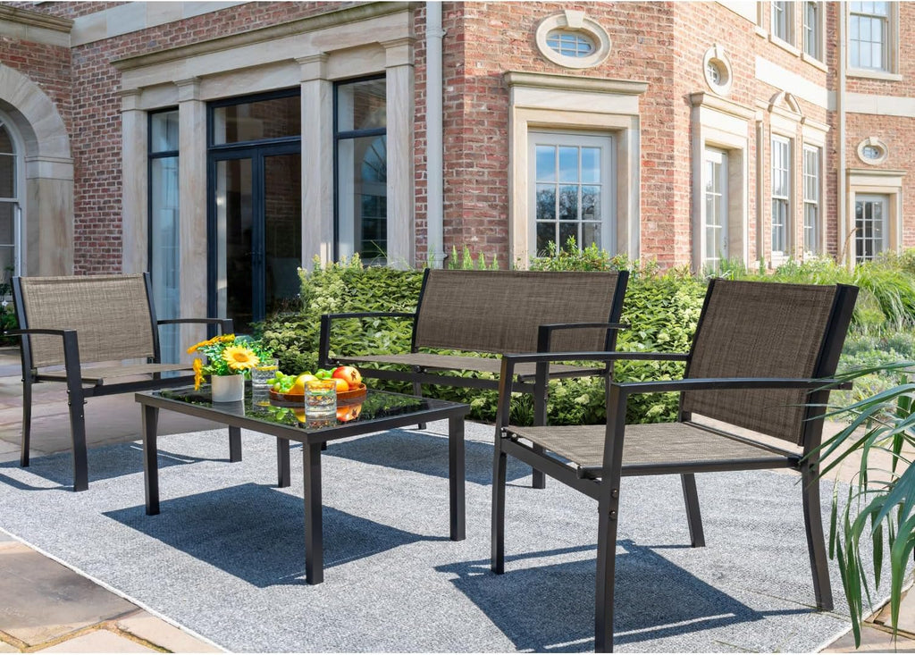 Devoko 4 Pieces Patio Furniture Set Outdoor Garden Patio Conversation Sets Poolside Lawn Chairs with Glass Coffee Table Porch Furniture (Black) - Grand Goldman