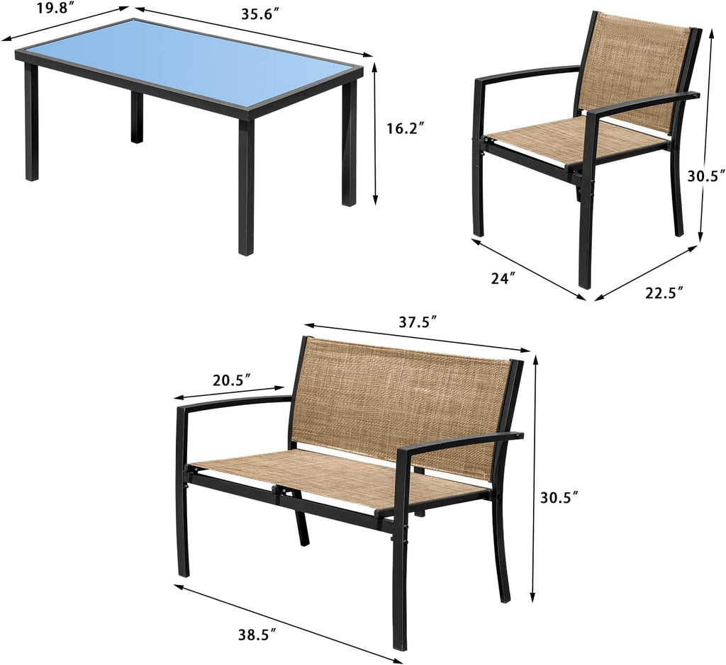 Devoko 4 Pieces Patio Furniture Set Outdoor Garden Patio Conversation Sets Poolside Lawn Chairs with Glass Coffee Table Porch Furniture (Black) - Grand Goldman