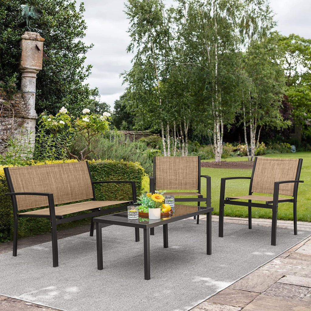 Devoko 4 Pieces Patio Furniture Set Outdoor Garden Patio Conversation Sets Poolside Lawn Chairs with Glass Coffee Table Porch Furniture (Black) - Grand Goldman