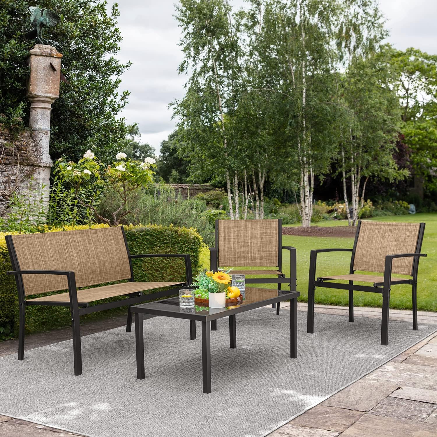 Devoko 4 Pieces Patio Furniture Set Outdoor Garden Patio Conversation Sets Poolside Lawn Chairs with Glass Coffee Table Porch Furniture (Black) - Grand Goldman