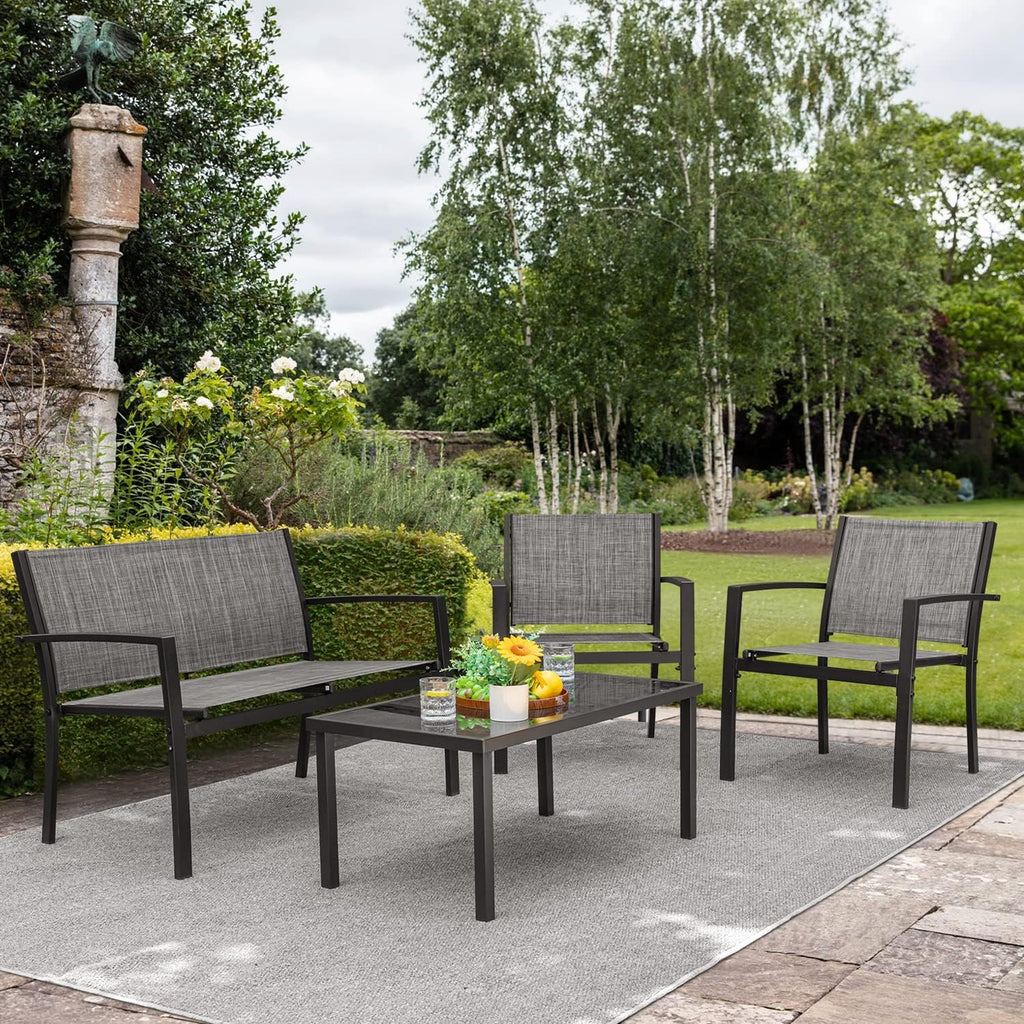 Devoko 4 Pieces Patio Furniture Set Outdoor Garden Patio Conversation Sets Poolside Lawn Chairs with Glass Coffee Table Porch Furniture (Black) - Grand Goldman