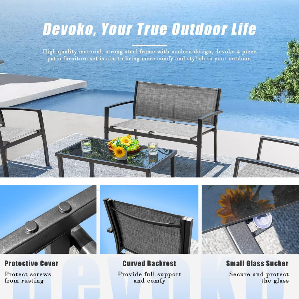 Devoko 4 Pieces Patio Furniture Set Outdoor Garden Patio Conversation Sets Poolside Lawn Chairs with Glass Coffee Table Porch Furniture (Black) - Grand Goldman
