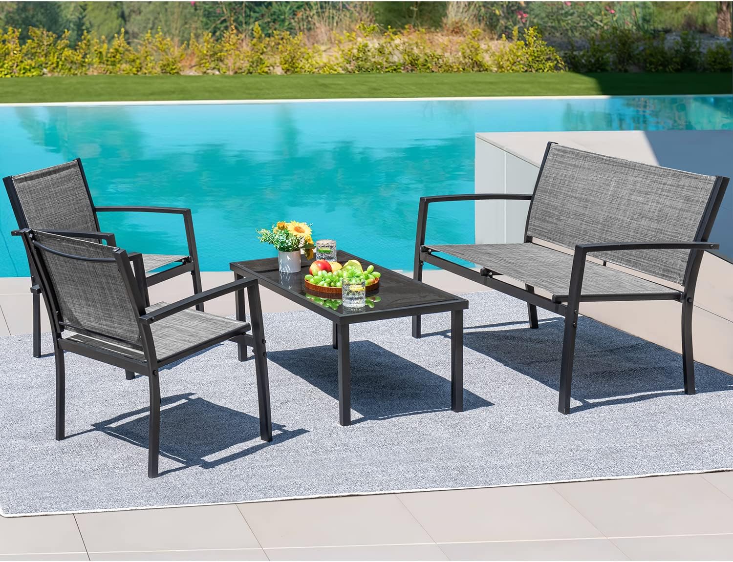 Devoko 4 Pieces Patio Furniture Set Outdoor Garden Patio Conversation Sets Poolside Lawn Chairs with Glass Coffee Table Porch Furniture (Black) - Grand Goldman