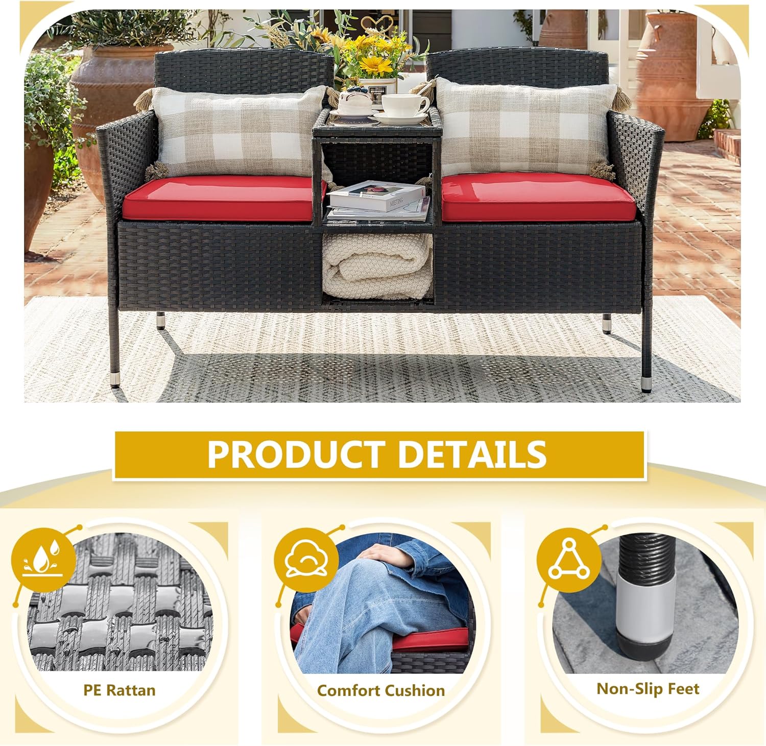 Devoko Outdoor Patio Loveseat Modern Rattan 2-Seat Patio Conversation Set with Cushions & Built-in Coffee Table Porch Furniture for Garden Lawn Backyard (Beige) - Grand Goldman