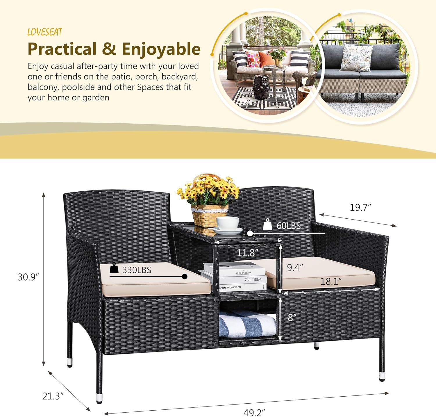 Devoko Outdoor Patio Loveseat Modern Rattan 2-Seat Patio Conversation Set with Cushions & Built-in Coffee Table Porch Furniture for Garden Lawn Backyard (Beige) - Grand Goldman