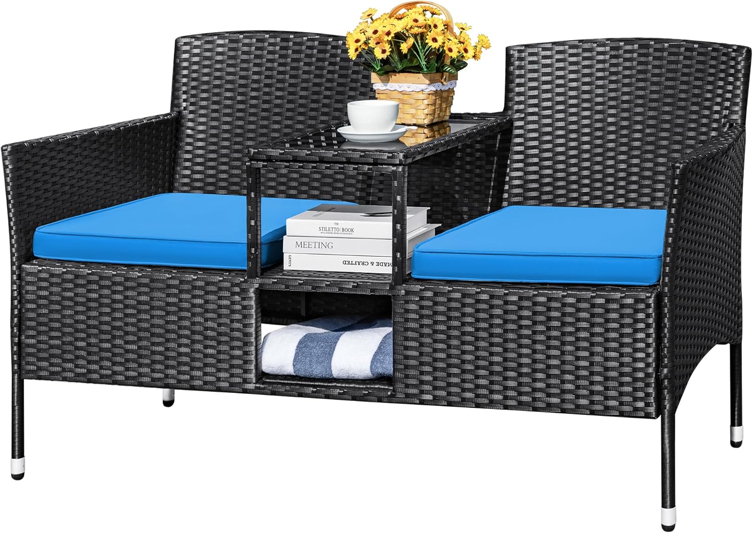 Devoko Outdoor Patio Loveseat Modern Rattan 2-Seat Patio Conversation Set with Cushions & Built-in Coffee Table Porch Furniture for Garden Lawn Backyard (Blue) - Grand Goldman