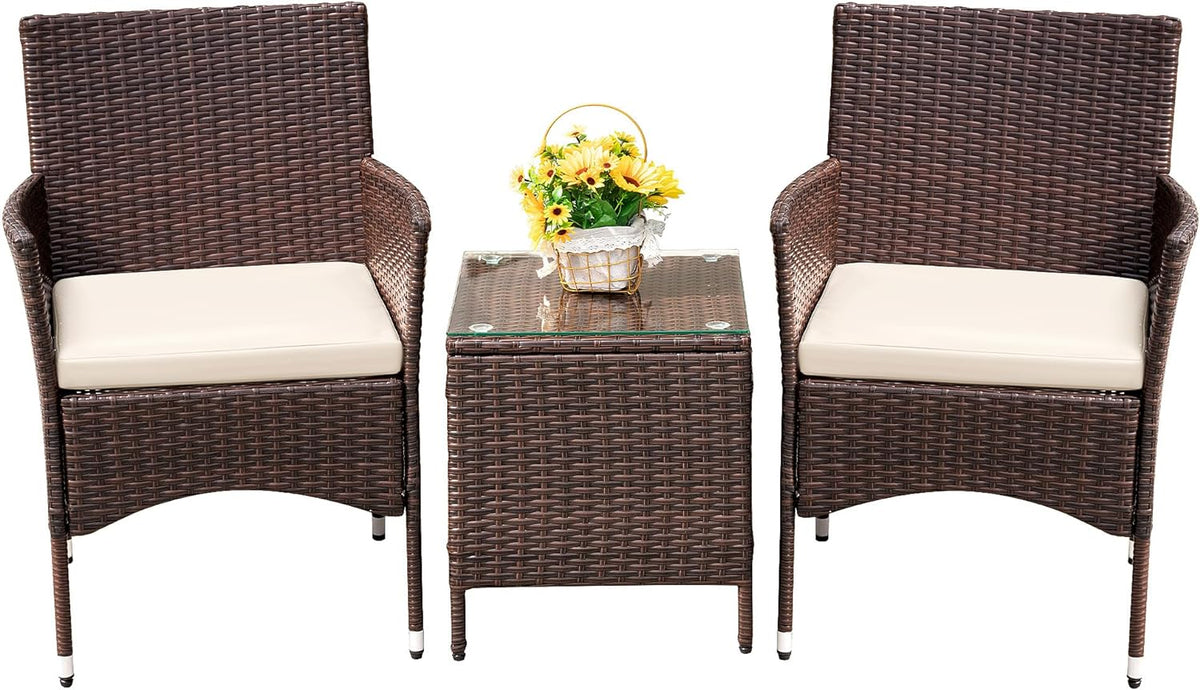 Devoko Patio Porch Furniture Sets 3 Pieces PE Rattan Wicker Chairs with Table Outdoor Garden Furniture Sets (Brown/Beige) - Grand Goldman