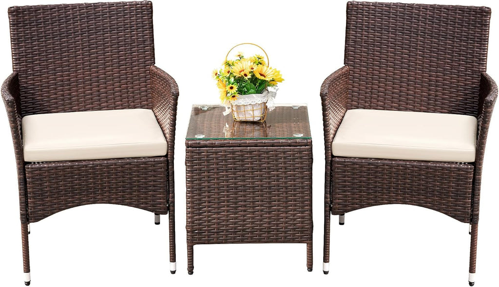 Devoko Patio Porch Furniture Sets 3 Pieces PE Rattan Wicker Chairs with Table Outdoor Garden Furniture Sets (Brown/Beige) - Grand Goldman