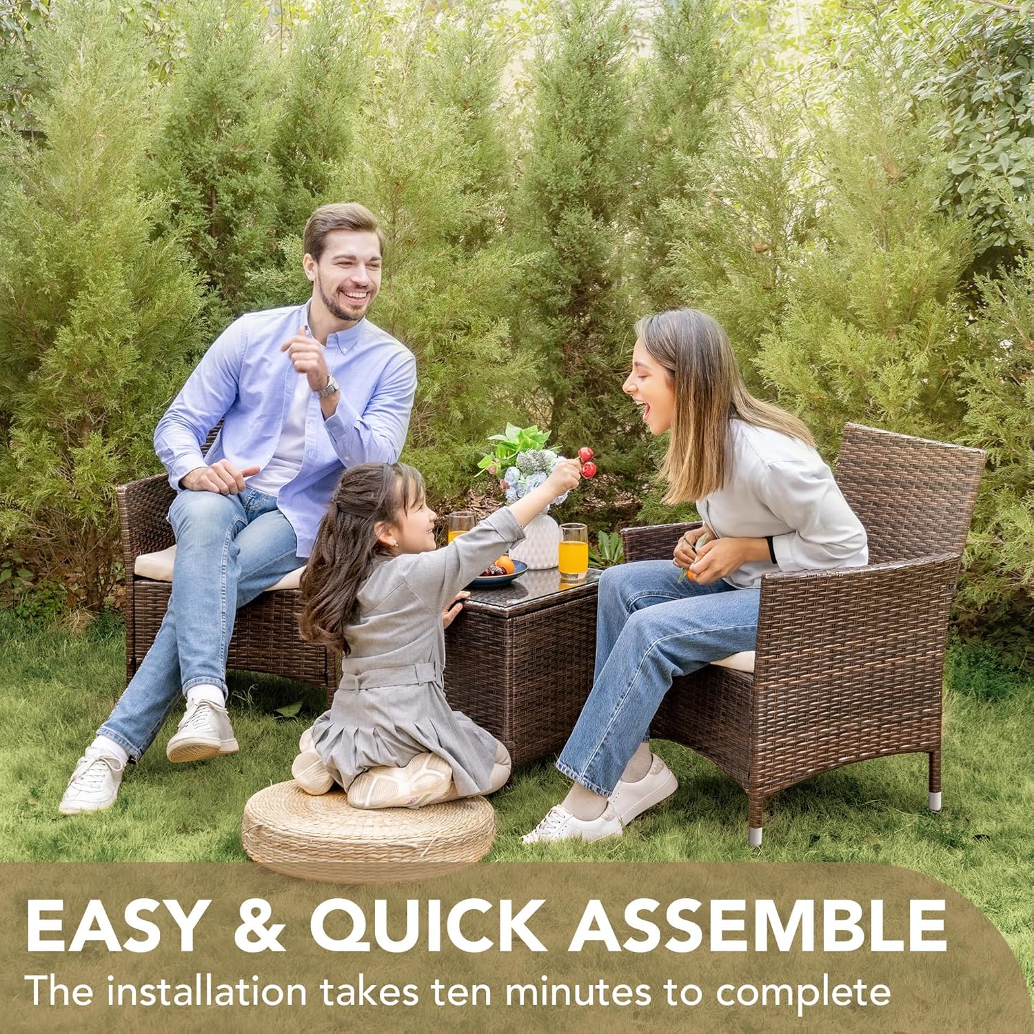 Devoko Patio Porch Furniture Sets 3 Pieces PE Rattan Wicker Chairs with Table Outdoor Garden Furniture Sets (Brown/Beige) - Grand Goldman