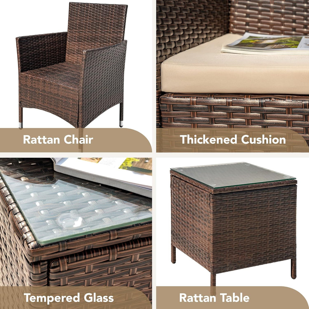 Devoko Patio Porch Furniture Sets 3 Pieces PE Rattan Wicker Chairs with Table Outdoor Garden Furniture Sets (Brown/Beige) - Grand Goldman