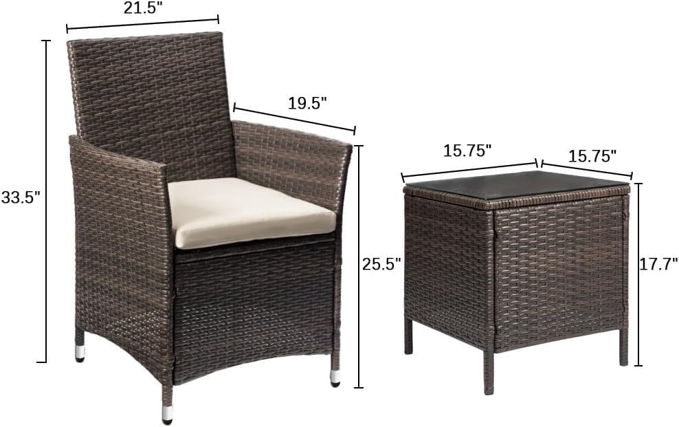 Devoko Patio Porch Furniture Sets 3 Pieces PE Rattan Wicker Chairs with Table Outdoor Garden Furniture Sets (Brown/Beige) - Grand Goldman