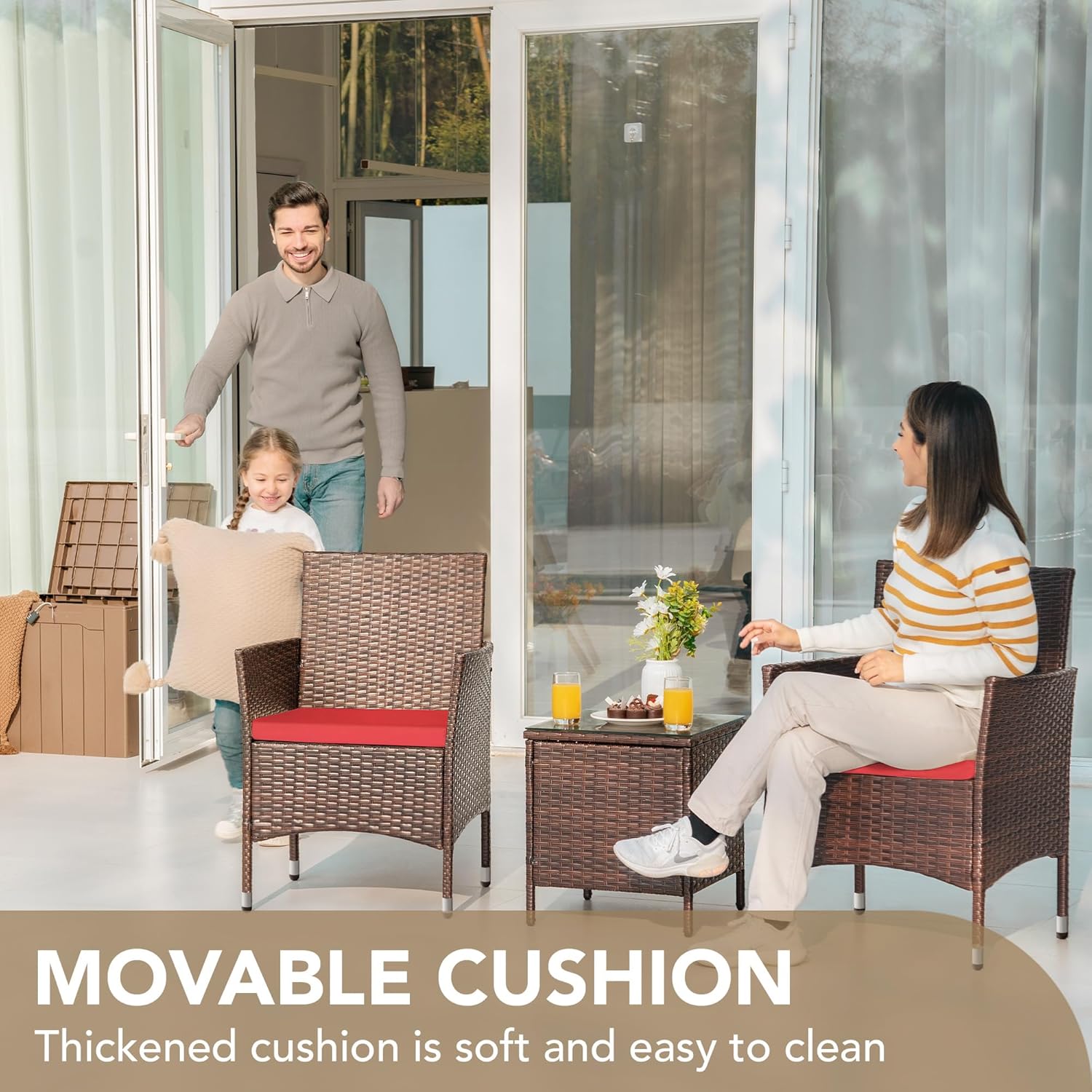 Devoko Patio Porch Furniture Sets 3 Pieces PE Rattan Wicker Chairs with Table Outdoor Garden Furniture Sets (Brown/Beige) - Grand Goldman