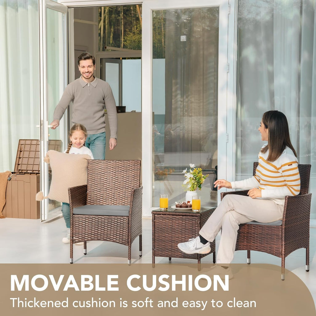 Devoko Patio Porch Furniture Sets 3 Pieces PE Rattan Wicker Chairs with Table Outdoor Garden Furniture Sets (Brown/Beige) - Grand Goldman