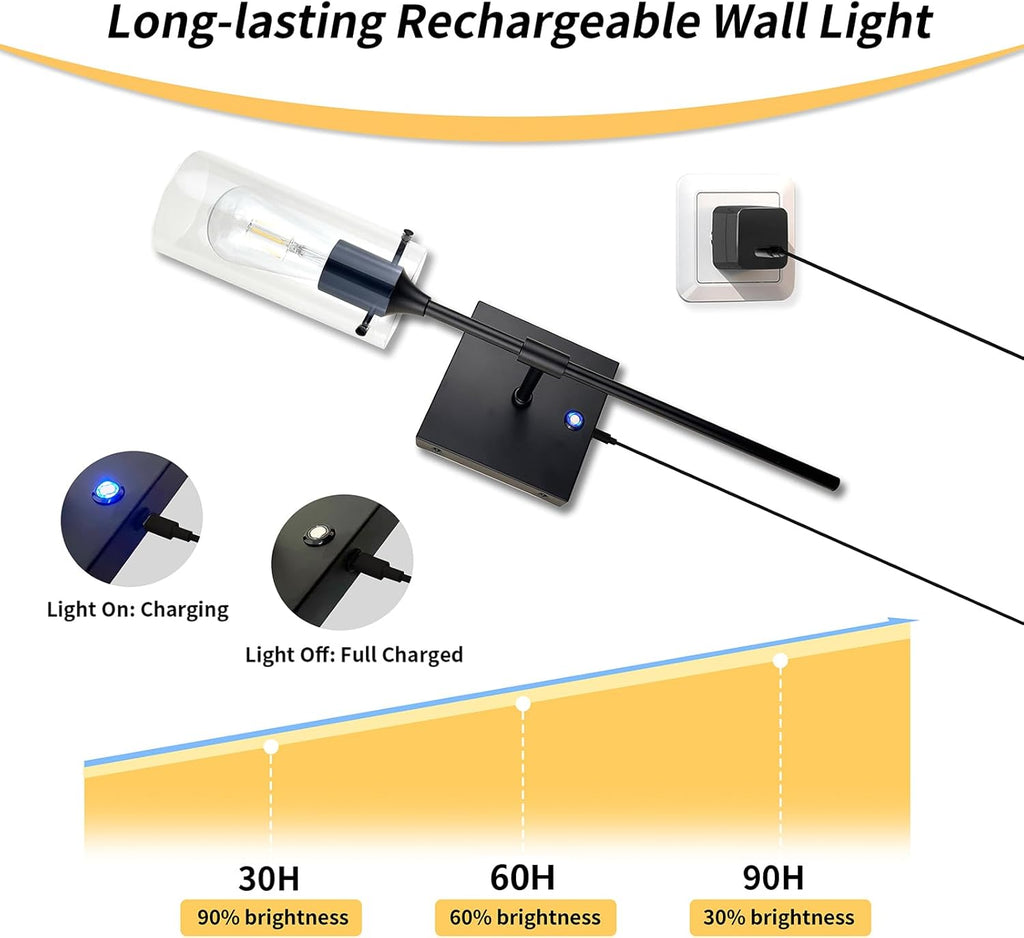 Dimmable Battery Operated Wall Sconce Set of 2, Rechargeable Wall Mount Light No Wiring, Easy Install Wireless Wall Lamp for Living Room Bedroom Hallway Farmhouse Indoor, Bulb Included - Grand Goldman