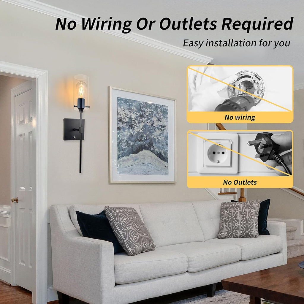 Dimmable Battery Operated Wall Sconce Set of 2, Rechargeable Wall Mount Light No Wiring, Easy Install Wireless Wall Lamp for Living Room Bedroom Hallway Farmhouse Indoor, Bulb Included - Grand Goldman