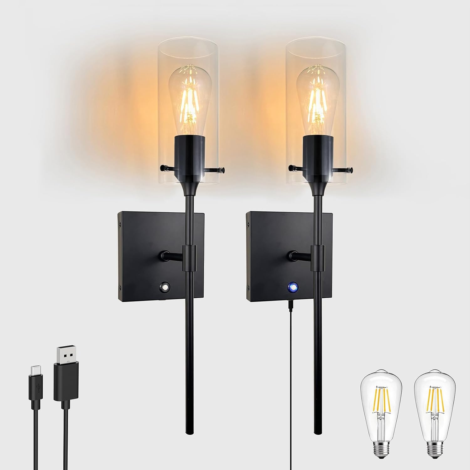 Dimmable Battery Operated Wall Sconce Set of 2, Rechargeable Wall Mount Light No Wiring, Easy Install Wireless Wall Lamp for Living Room Bedroom Hallway Farmhouse Indoor, Bulb Included - Grand Goldman