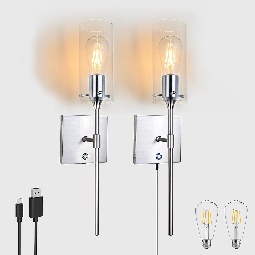 Dimmable Battery Operated Wall Sconce Set of 2, Rechargeable Wall Mount Light No Wiring, Easy Install Wireless Wall Lamp for Living Room Bedroom Hallway Farmhouse Indoor, Bulb Included - Grand Goldman