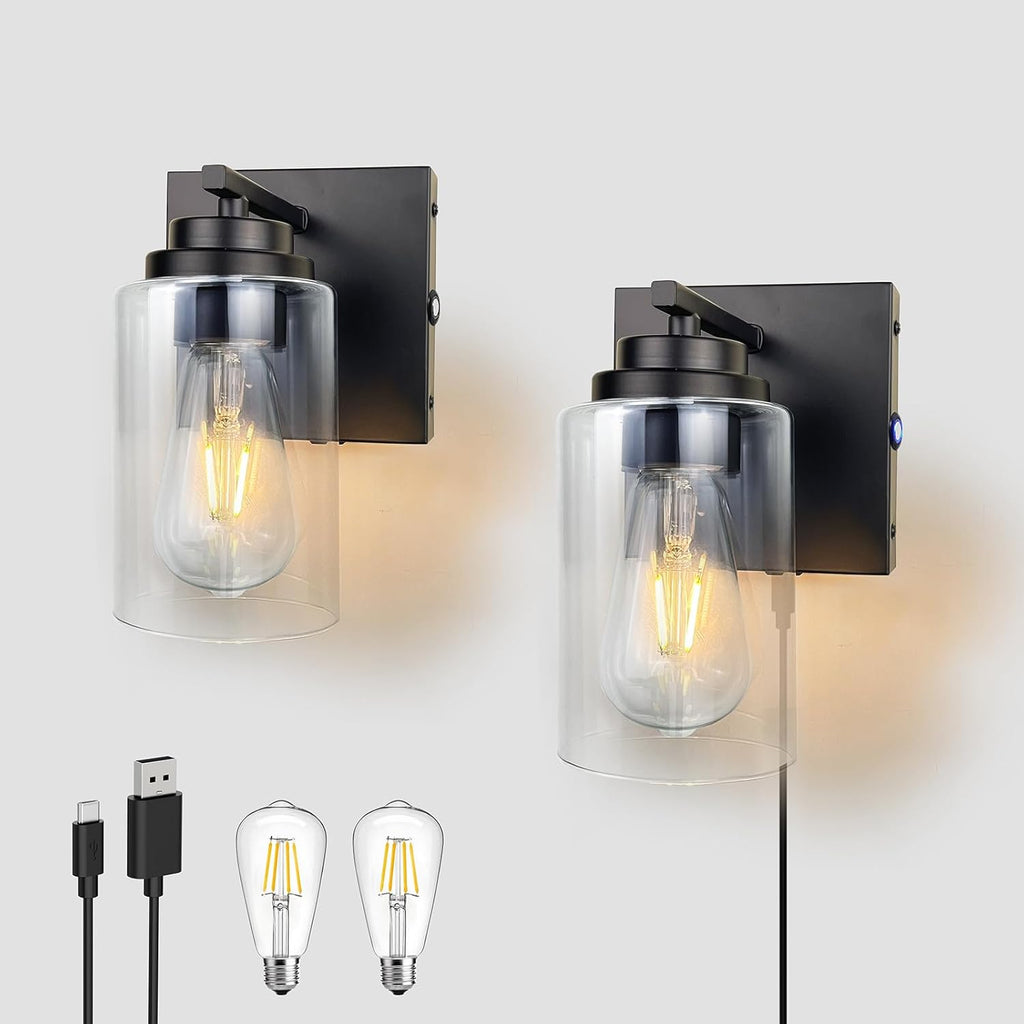 Dimmable Battery Operated Wall Sconce Set of Two, Rechargeable Wall Lamp No Wired Required, Easy Install Cordless Wall Light Fixtures for Bedroom Living Room Bathroom Hallway Farmhouse, Black - Grand Goldman