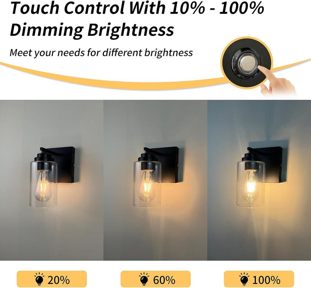 Dimmable Battery Operated Wall Sconce Set of Two, Rechargeable Wall Lamp No Wired Required, Easy Install Cordless Wall Light Fixtures for Bedroom Living Room Bathroom Hallway Farmhouse, Black - Grand Goldman