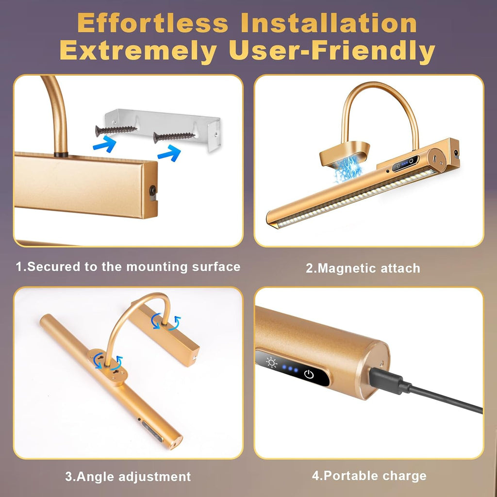 Dimmable Cordless Picture Light with Controller and Timer, Rechargeable 5000mAh Battery Wall Sconce for Wall Pictures, Gallery Artwork, Paintings, Portraits, Dartboards (Gold) - Grand Goldman