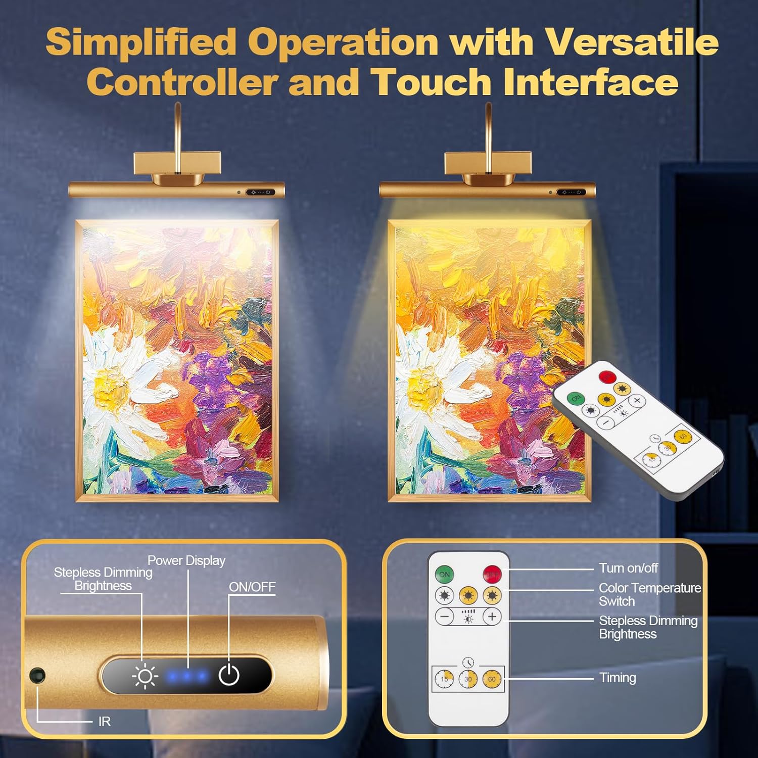 Dimmable Cordless Picture Light with Controller and Timer, Rechargeable 5000mAh Battery Wall Sconce for Wall Pictures, Gallery Artwork, Paintings, Portraits, Dartboards (Gold) - Grand Goldman