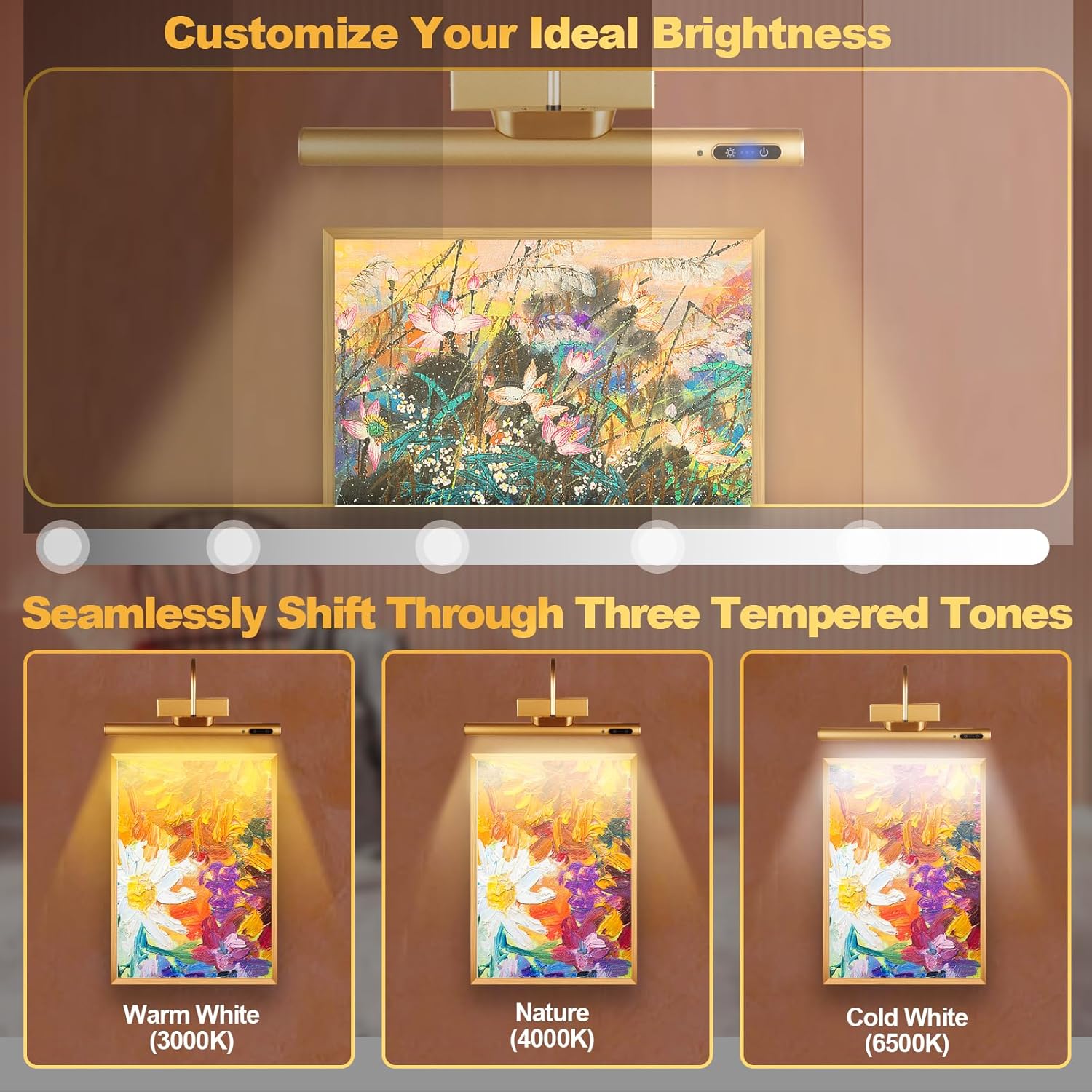 Dimmable Cordless Picture Light with Controller and Timer, Rechargeable 5000mAh Battery Wall Sconce for Wall Pictures, Gallery Artwork, Paintings, Portraits, Dartboards (Gold) - Grand Goldman