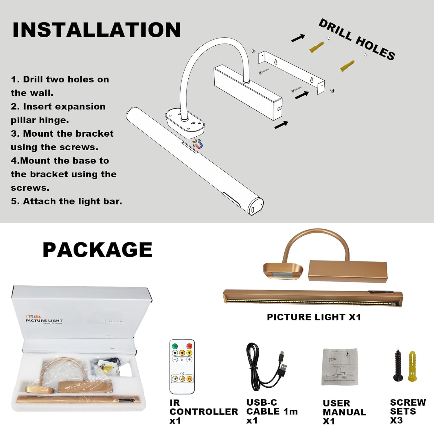Dimmable Cordless Picture Light with Controller and Timer, Rechargeable 5000mAh Battery Wall Sconce for Wall Pictures, Gallery Artwork, Paintings, Portraits, Dartboards (Gold) - Grand Goldman