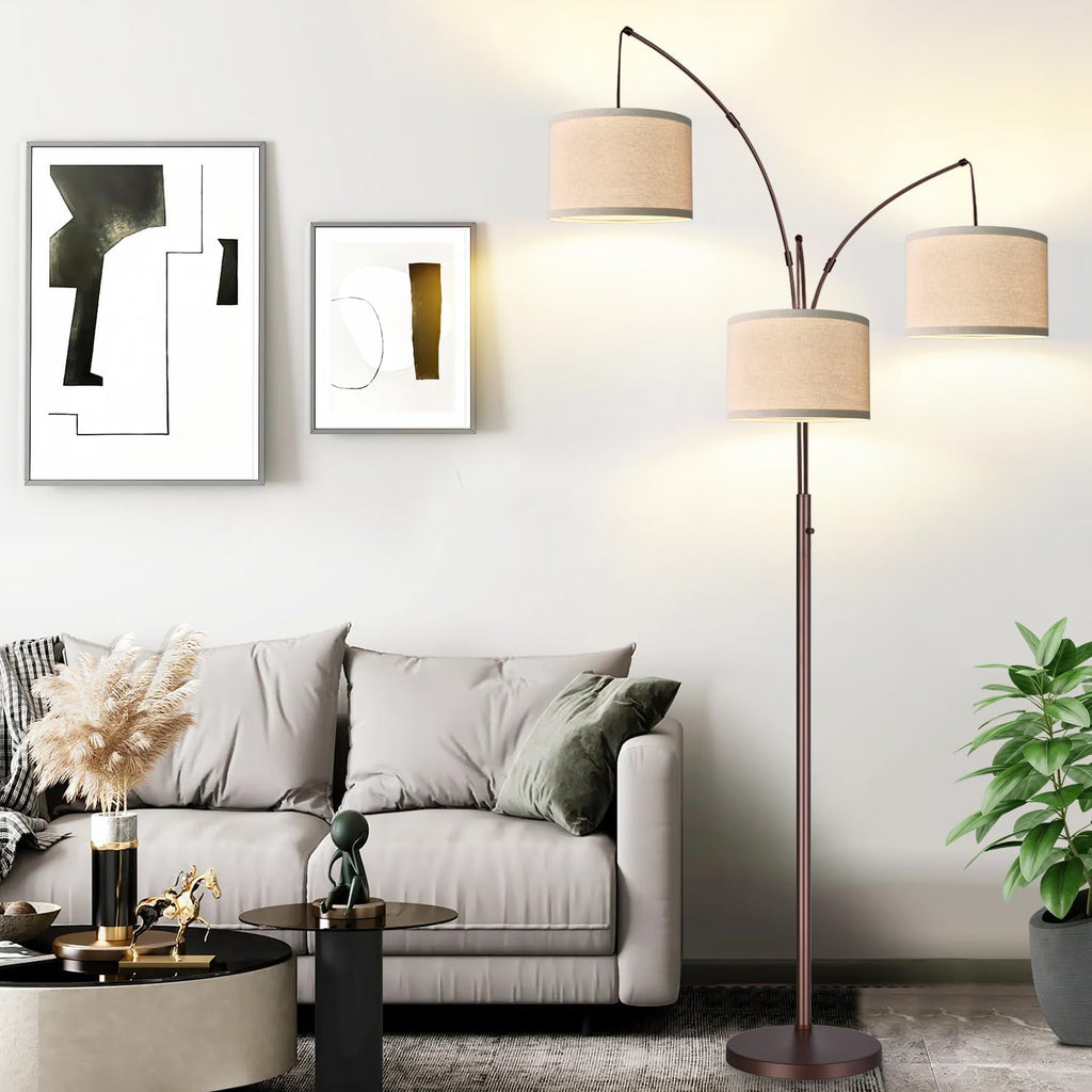 Dimmable Floor Lamp - 3 Lights Arc Floor Lamps for Living Room, 1000LM Modern Tall Standing Lamp with Beige Shades & Heavy Base, Mid Century Tree Floor Lamp for Bedroom Office, 3 LED Bulbs Included - Grand Goldman