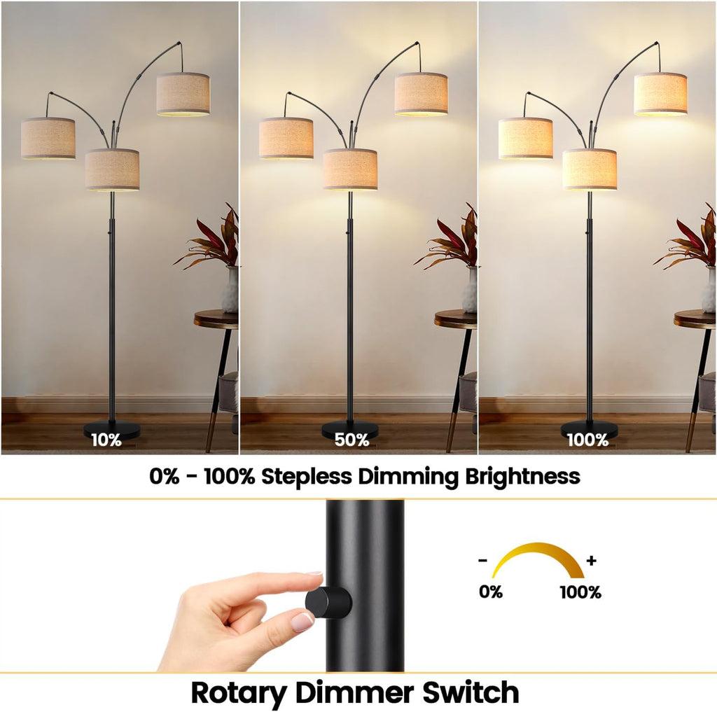 Dimmable Floor Lamp - 3 Lights Arc Floor Lamps for Living Room, 1000LM Modern Tall Standing Lamp with Beige Shades & Heavy Base, Mid Century Tree Floor Lamp for Bedroom Office, 3 LED Bulbs Included - Grand Goldman