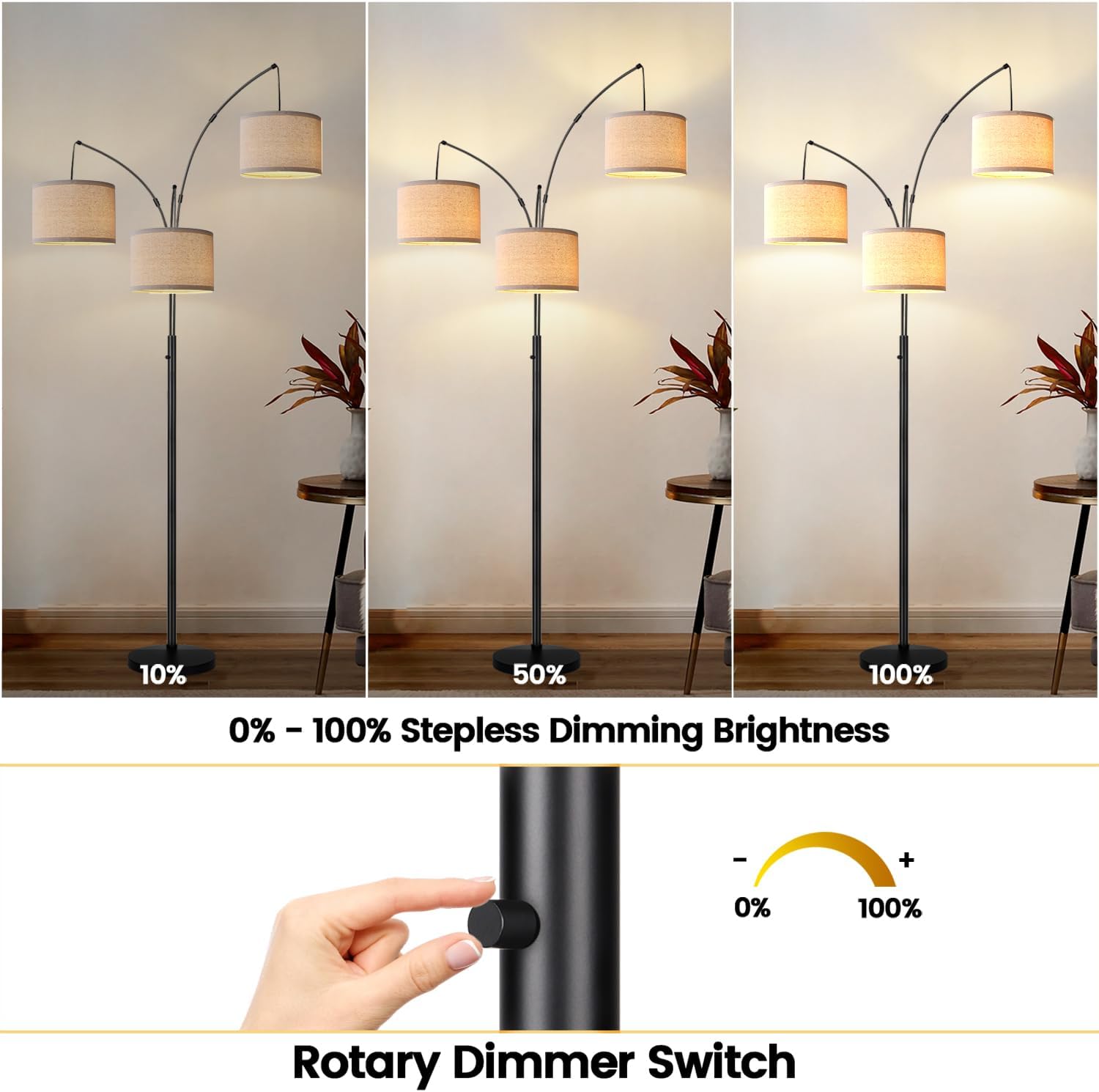Dimmable Floor Lamp - 3 Lights Arc Floor Lamps for Living Room, 1000LM Modern Tall Standing Lamp with Beige Shades & Heavy Base, Mid Century Tree Floor Lamp for Bedroom Office, 3 LED Bulbs Included - Grand Goldman