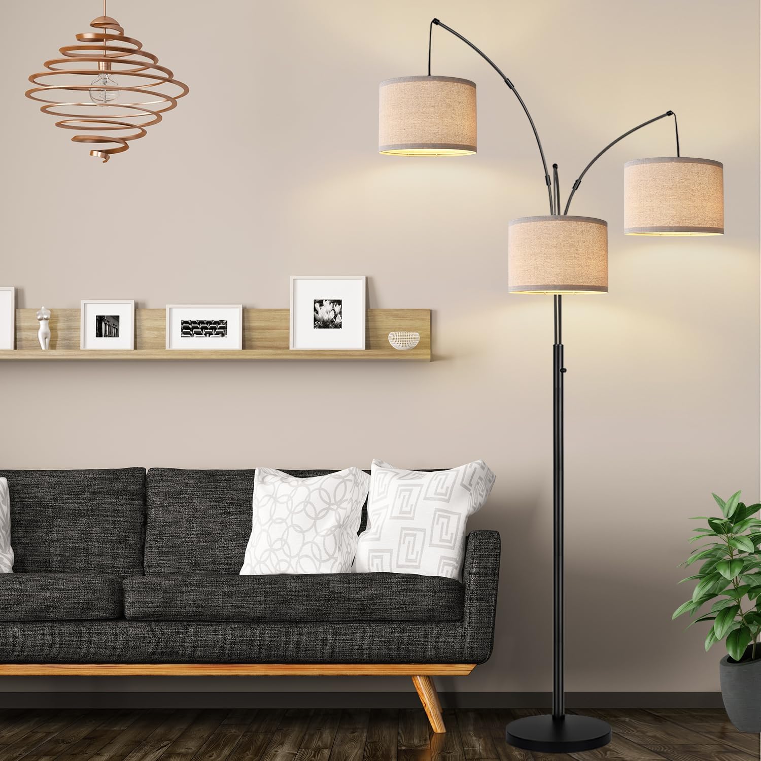 Dimmable Floor Lamp - 3 Lights Arc Floor Lamps for Living Room, 1000LM Modern Tall Standing Lamp with Beige Shades & Heavy Base, Mid Century Tree Floor Lamp for Bedroom Office, 3 LED Bulbs Included - Grand Goldman