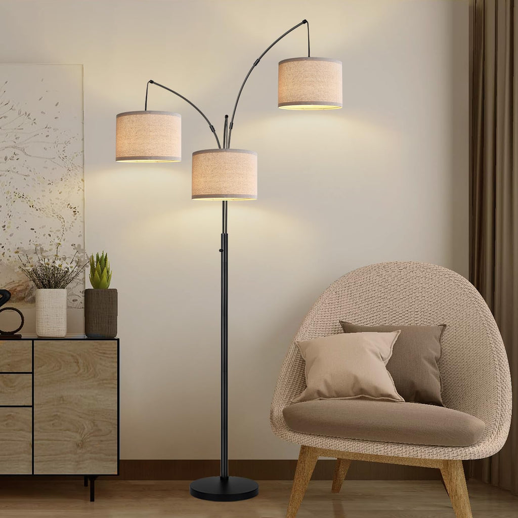 Dimmable Floor Lamp - 3 Lights Arc Floor Lamps for Living Room, 1000LM Modern Tall Standing Lamp with Beige Shades & Heavy Base, Mid Century Tree Floor Lamp for Bedroom Office, 3 LED Bulbs Included - Grand Goldman