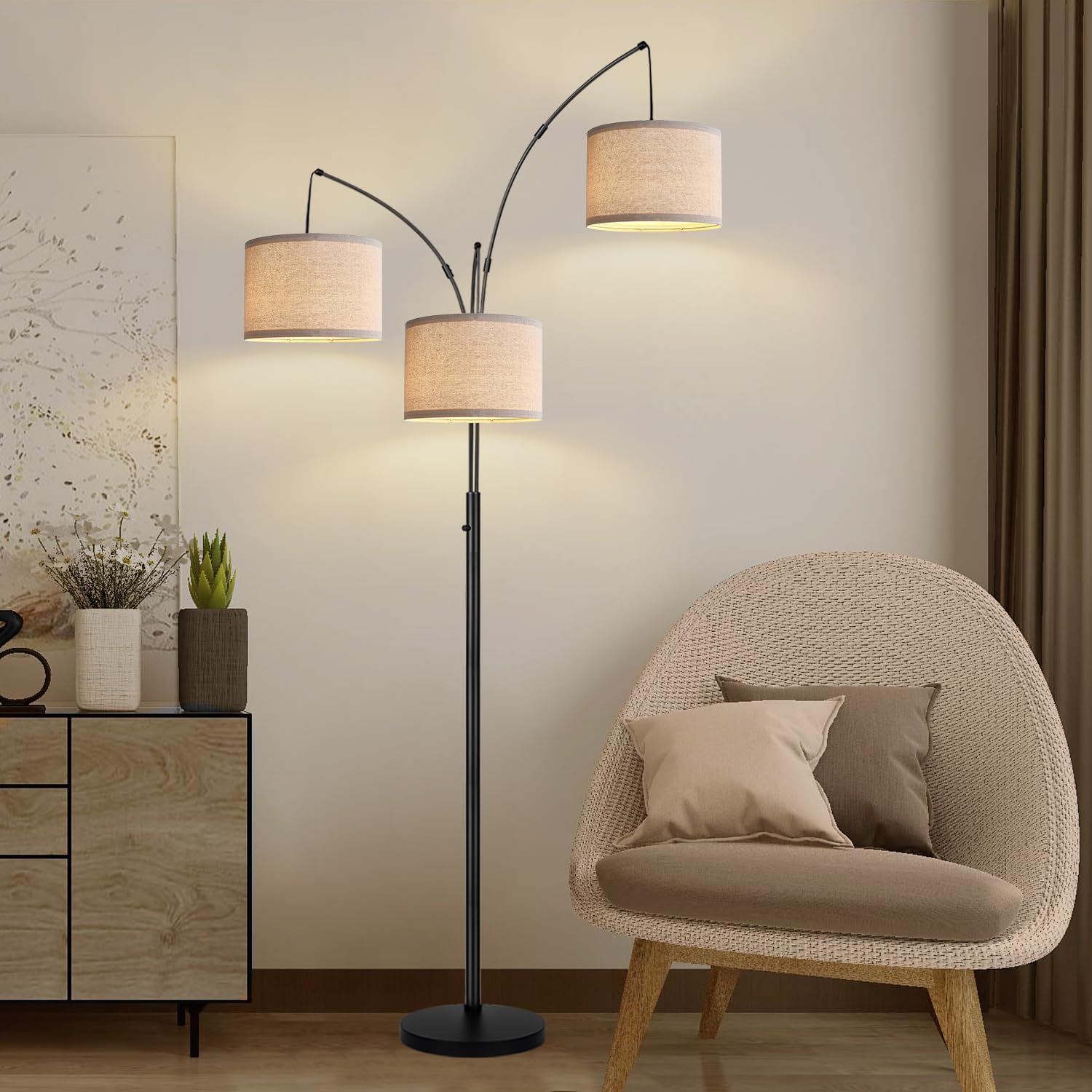 Dimmable Floor Lamp - 3 Lights Arc Floor Lamps for Living Room, 1000LM Modern Tall Standing Lamp with Beige Shades & Heavy Base, Mid Century Tree Floor Lamp for Bedroom Office, 3 LED Bulbs Included - Grand Goldman
