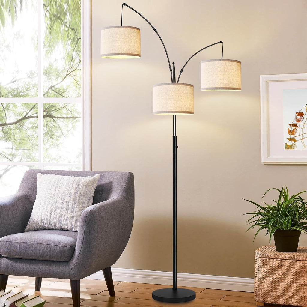 Dimmable Floor Lamp - 3 Lights Arc Floor Lamps for Living Room, 1000LM Modern Tall Standing Lamp with Beige Shades & Heavy Base, Mid Century Tree Floor Lamp for Bedroom Office, 3 LED Bulbs Included - Grand Goldman