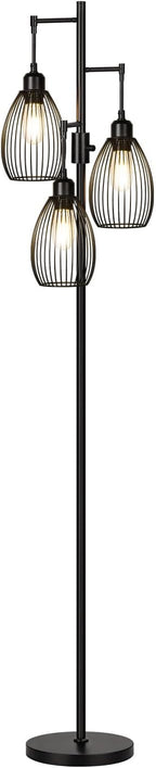 Dimmable Floor Lamp, 3 x 800LM LED Edison Bulbs Included, Farmhouse Industrial Floor Lamp Standing Tree Lamp with Elegant Teardrop Cage Tall Lamps for Living Room Bedroom Office Dining Room-Black - Grand Goldman