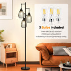 Dimmable Floor Lamp, 3 x 800LM LED Edison Bulbs Included, Farmhouse Industrial Floor Lamp Standing Tree Lamp with Elegant Teardrop Cage Tall Lamps for Living Room Bedroom Office Dining Room-Black - Grand Goldman