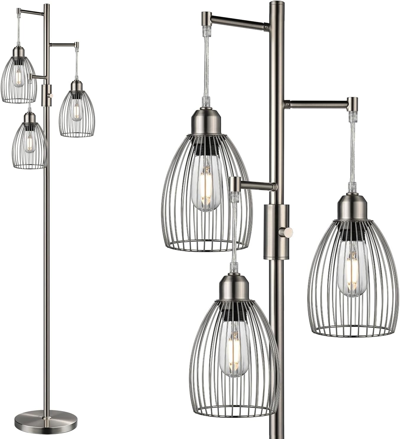 Dimmable Floor Lamp, 3 x 800LM LED Edison Bulbs Included, Farmhouse Industrial Floor Lamp Standing Tree Lamp with Elegant Teardrop Cage Tall Lamps for Living Room Bedroom Office Dining Room-Black - Grand Goldman