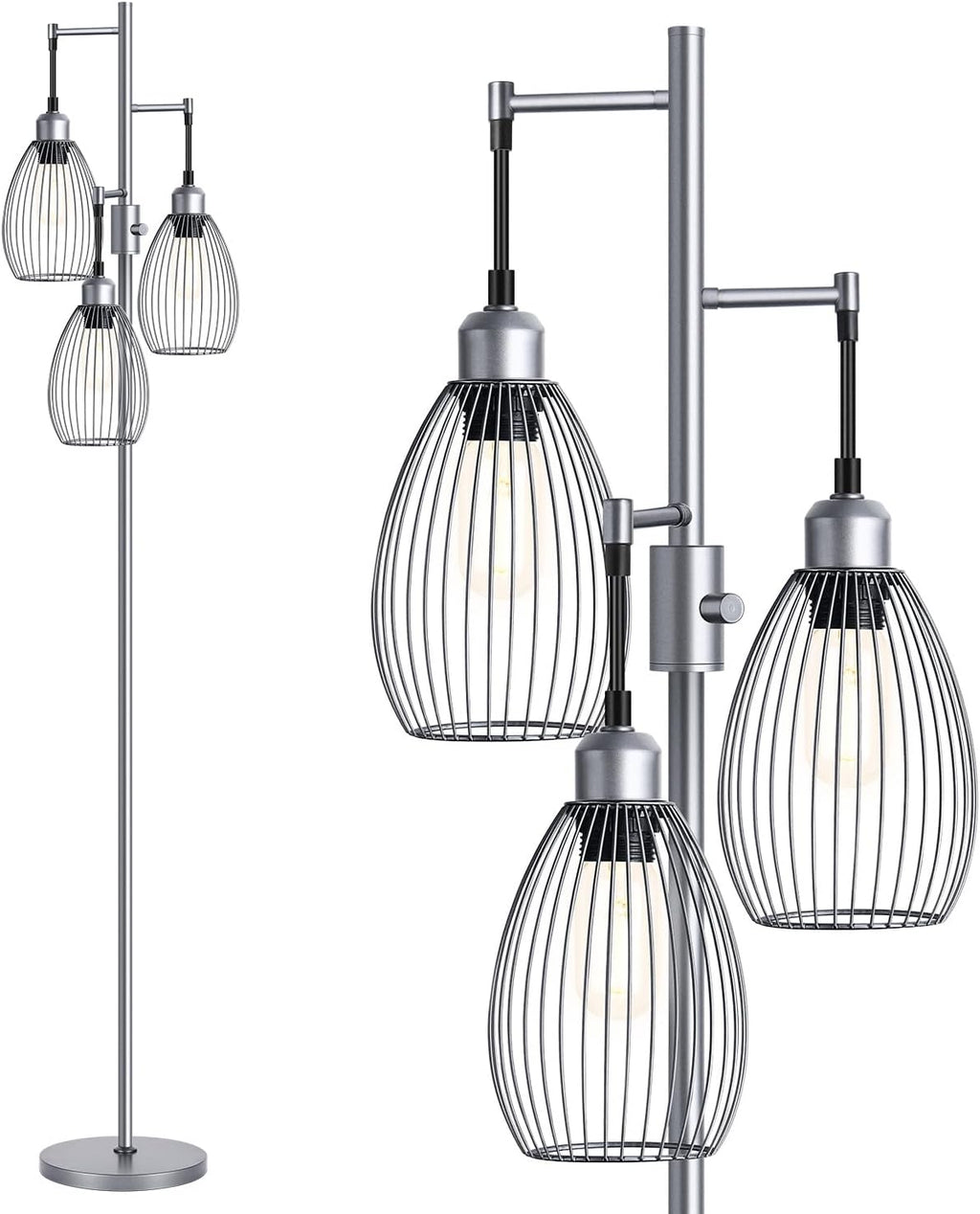 Dimmable Floor Lamp, 3 x 800LM LED Edison Bulbs Included, Farmhouse Industrial Floor Lamp Standing Tree Lamp with Elegant Teardrop Cage Tall Lamps for Living Room Bedroom Office Dining Room-Black - Grand Goldman