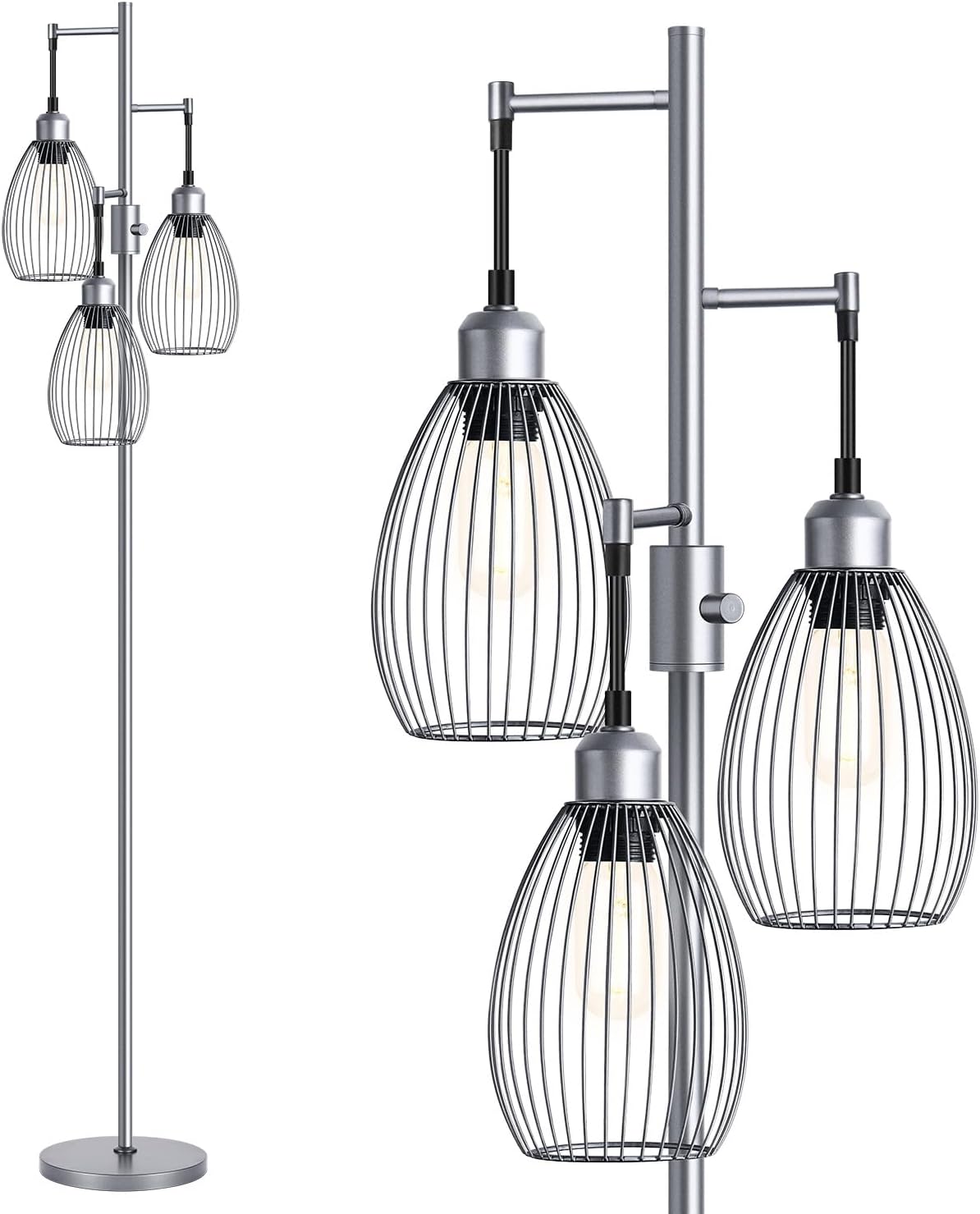 Dimmable Floor Lamp, 3 x 800LM LED Edison Bulbs Included, Farmhouse Industrial Floor Lamp Standing Tree Lamp with Elegant Teardrop Cage Tall Lamps for Living Room Bedroom Office Dining Room-Black - Grand Goldman