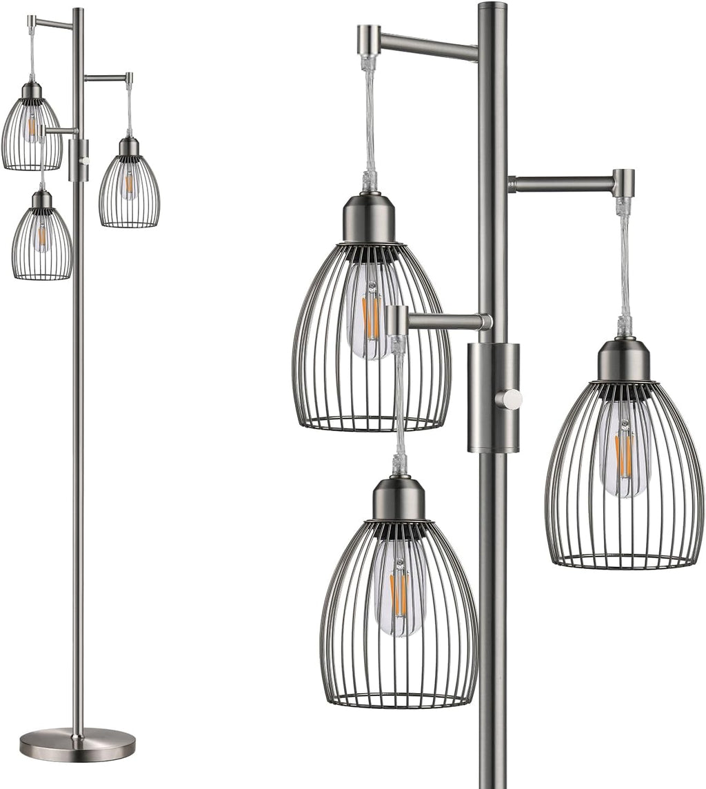 Dimmable Industrial Floor Lamps for Living Room, Gold Tree Standing Tall Lamps with 3 Elegant Teardrop Cage Head & 800 Lumens LED Bulbs for Bedroom Office - Grand Goldman