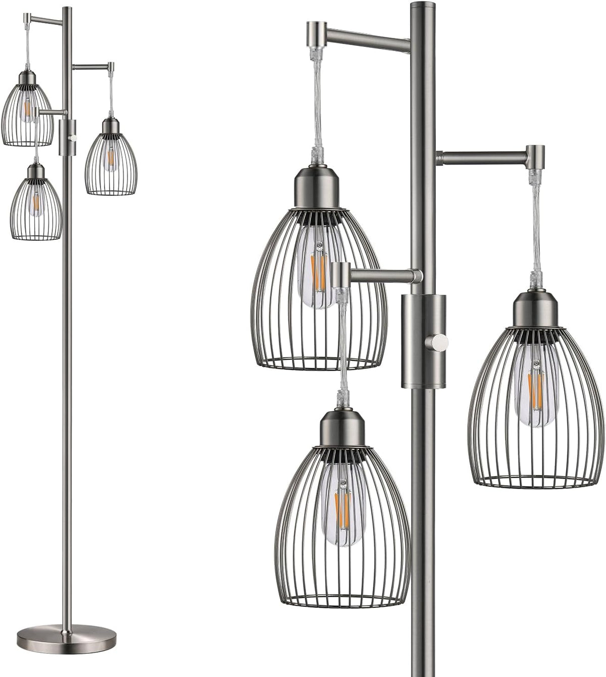 Dimmable Industrial Floor Lamps for Living Room, Gold Tree Standing Tall Lamps with 3 Elegant Teardrop Cage Head & 800 Lumens LED Bulbs for Bedroom Office - Grand Goldman