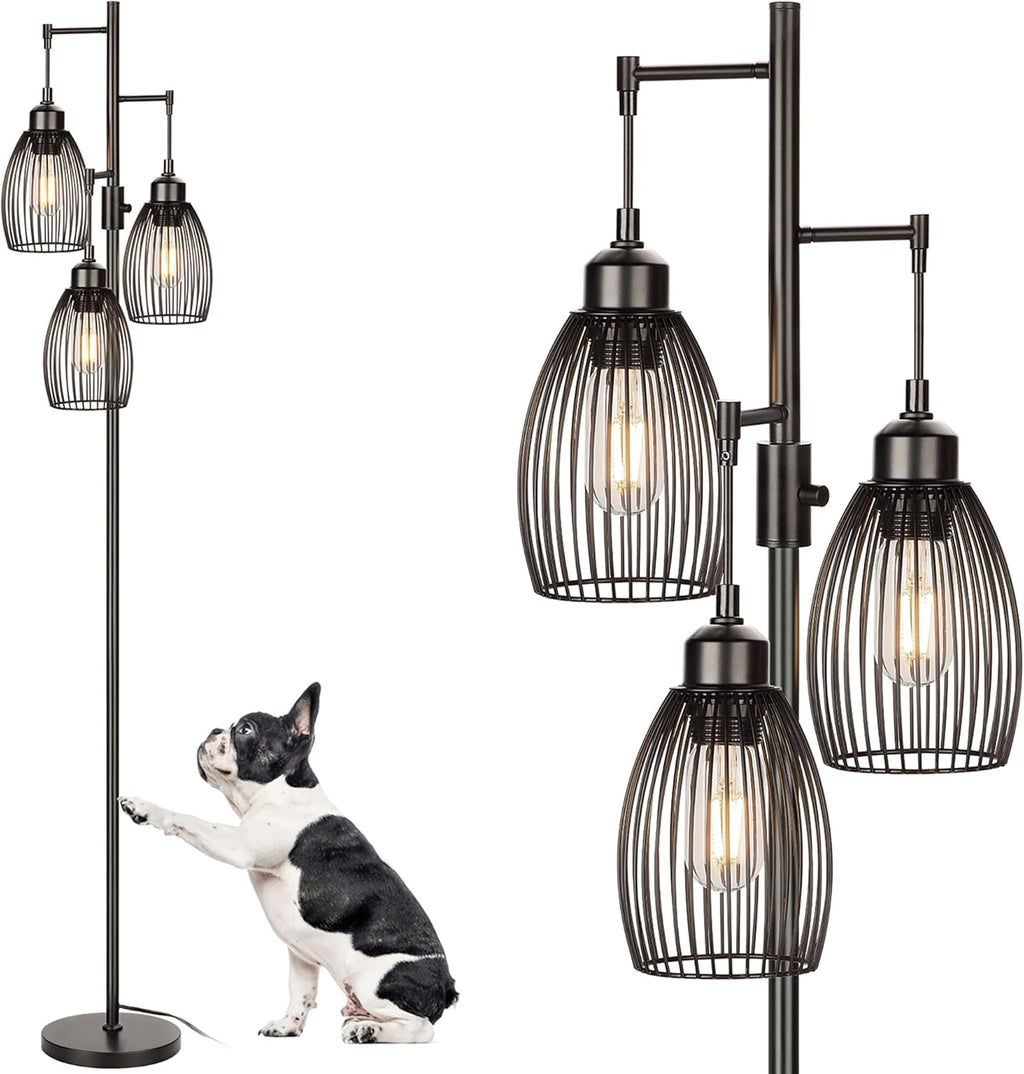 Dimmable Industrial Floor Lamps for Living Room, Gold Tree Standing Tall Lamps with 3 Elegant Teardrop Cage Head & 800 Lumens LED Bulbs for Bedroom Office - Grand Goldman