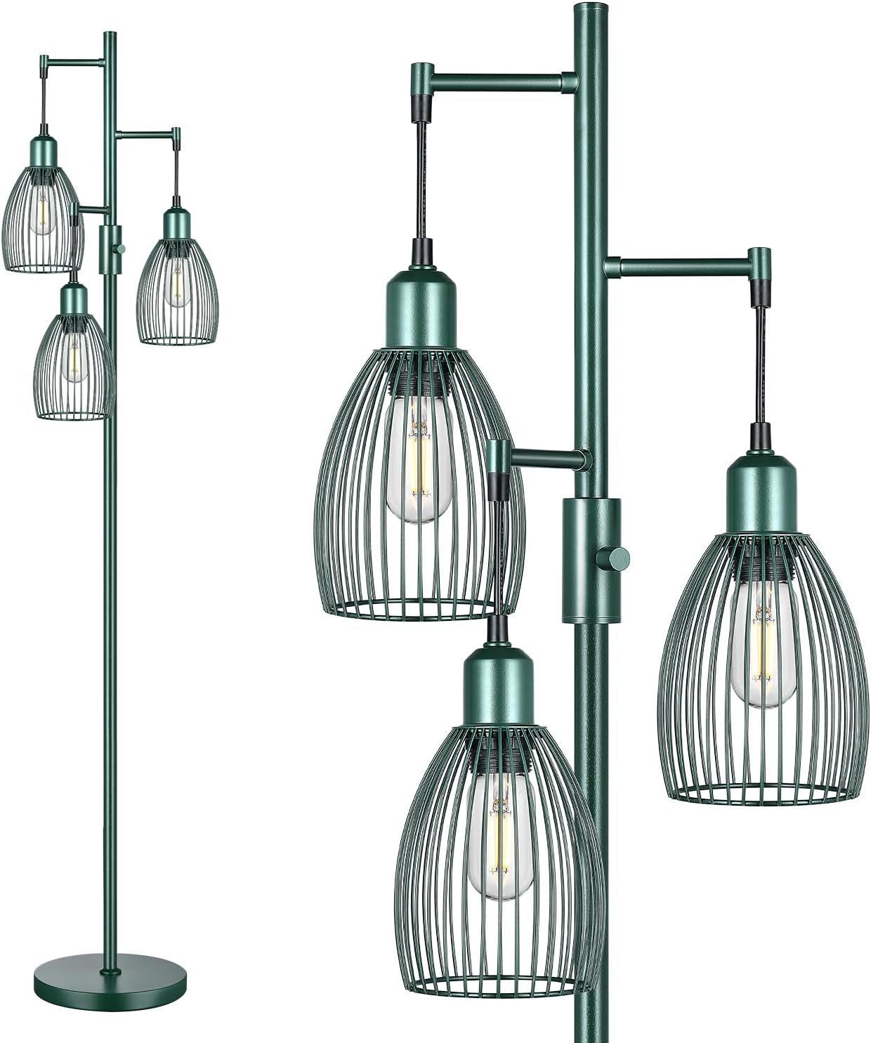 Dimmable Industrial Floor Lamps for Living Room, Gold Tree Standing Tall Lamps with 3 Elegant Teardrop Cage Head & 800 Lumens LED Bulbs for Bedroom Office - Grand Goldman