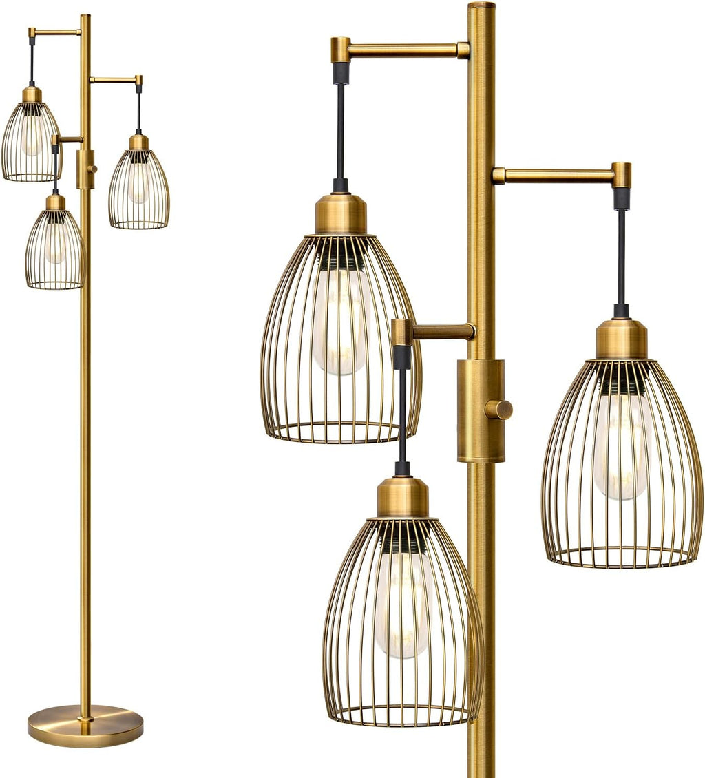 Dimmable Industrial Floor Lamps for Living Room, Gold Tree Standing Tall Lamps with 3 Elegant Teardrop Cage Head & 800 Lumens LED Bulbs for Bedroom Office - Grand Goldman