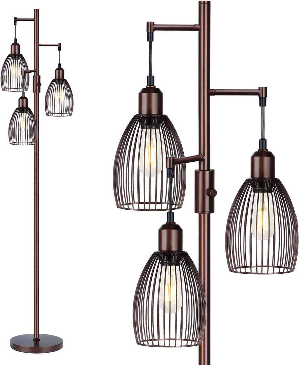 Dimmable Industrial Floor Lamps for Living Room, Gold Tree Standing Tall Lamps with 3 Elegant Teardrop Cage Head & 800 Lumens LED Bulbs for Bedroom Office - Grand Goldman