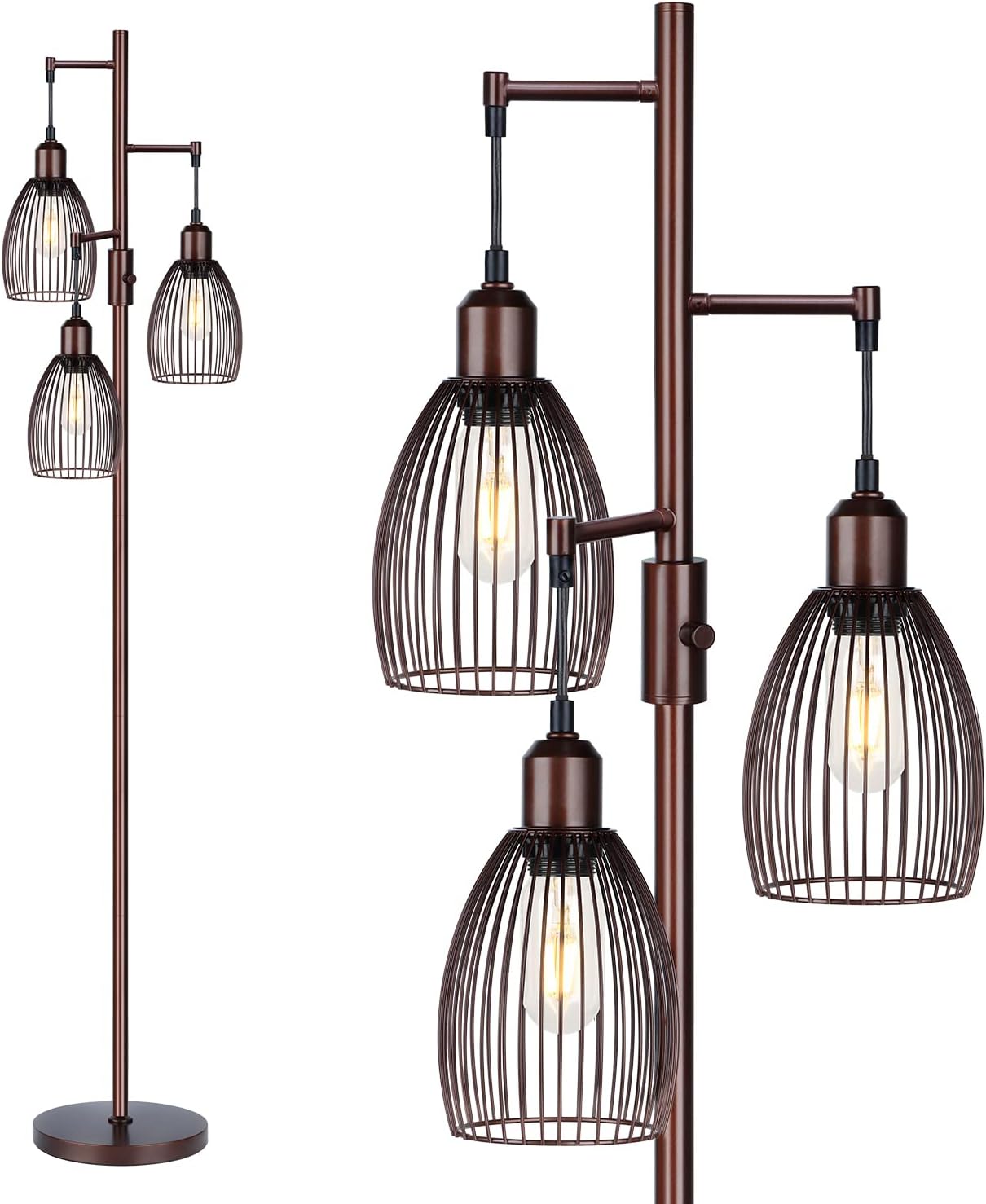 Dimmable Industrial Floor Lamps for Living Room, Gold Tree Standing Tall Lamps with 3 Elegant Teardrop Cage Head & 800 Lumens LED Bulbs for Bedroom Office - Grand Goldman