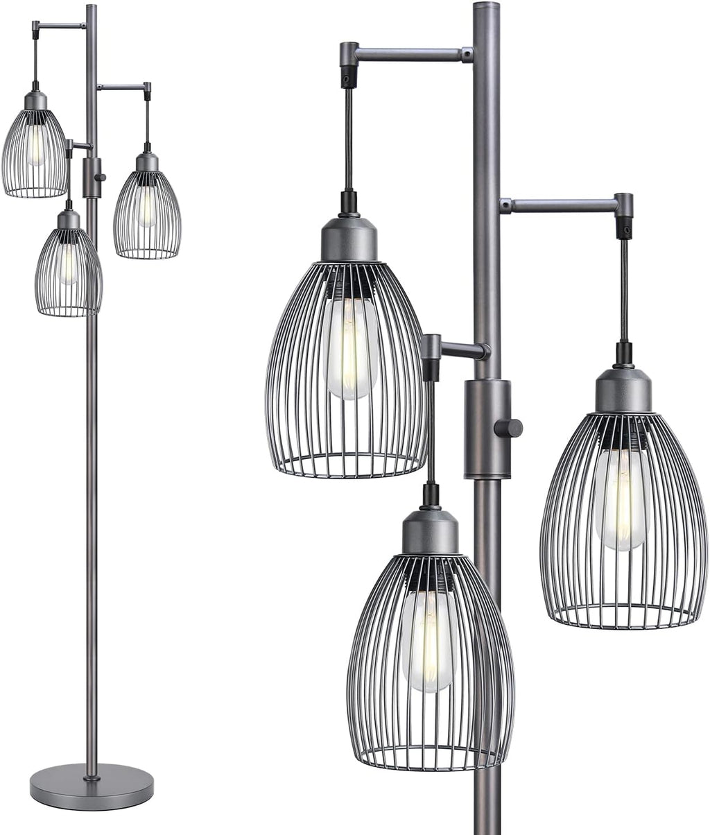 Dimmable Industrial Floor Lamps for Living Room, Gold Tree Standing Tall Lamps with 3 Elegant Teardrop Cage Head & 800 Lumens LED Bulbs for Bedroom Office - Grand Goldman