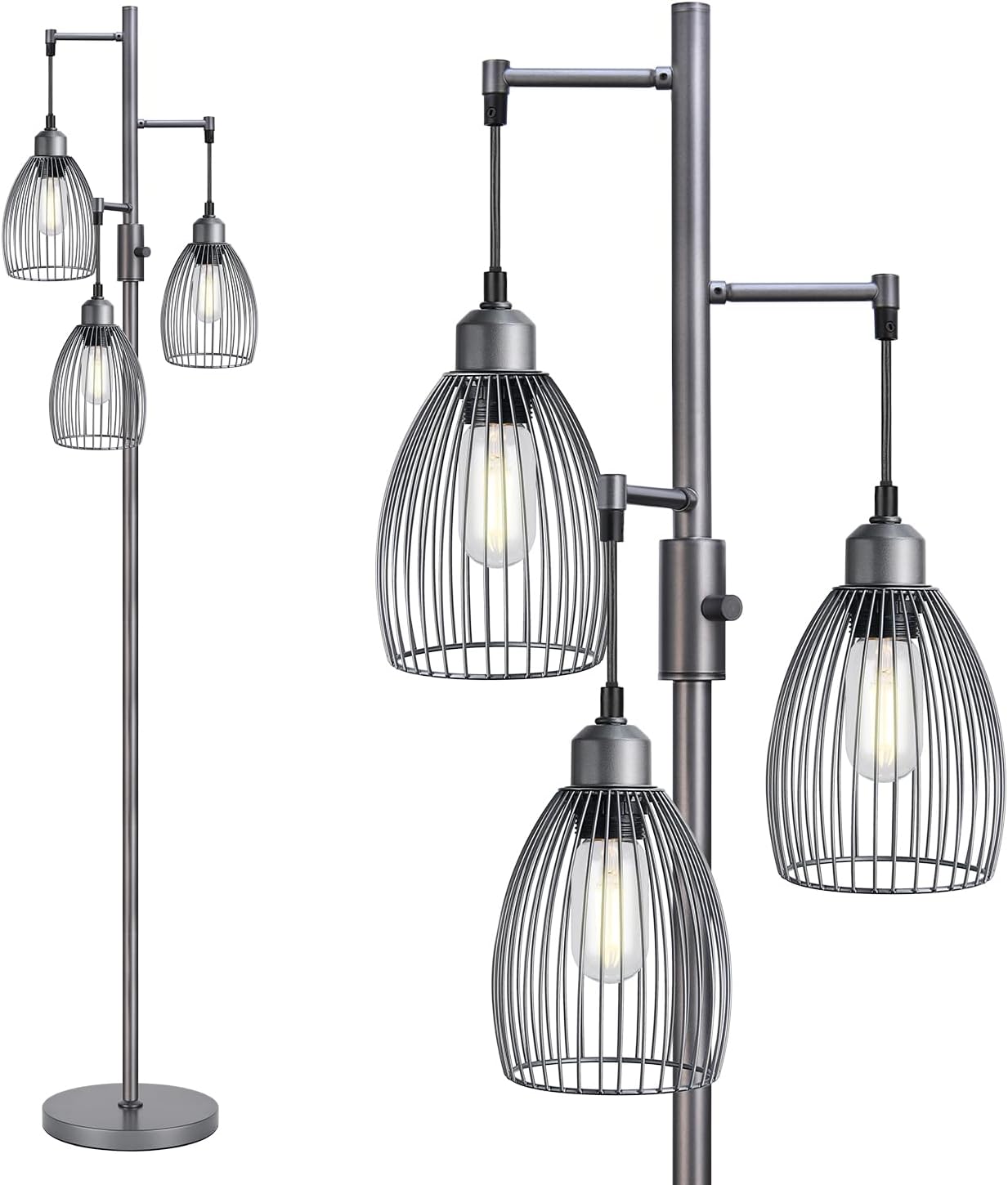 Dimmable Industrial Floor Lamps for Living Room, Gold Tree Standing Tall Lamps with 3 Elegant Teardrop Cage Head & 800 Lumens LED Bulbs for Bedroom Office - Grand Goldman