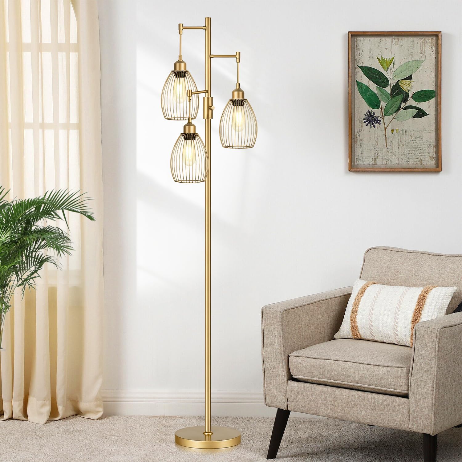 Dimmable Industrial Floor Lamps for Living Room, Gold Tree Standing Tall Lamps with 3 Elegant Teardrop Cage Head & 800 Lumens LED Bulbs for Bedroom Office - Grand Goldman